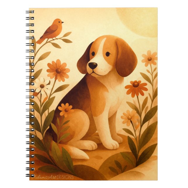 Whimsical Beagle i blomsterträdgård Anteckningsbok (Framsidan)