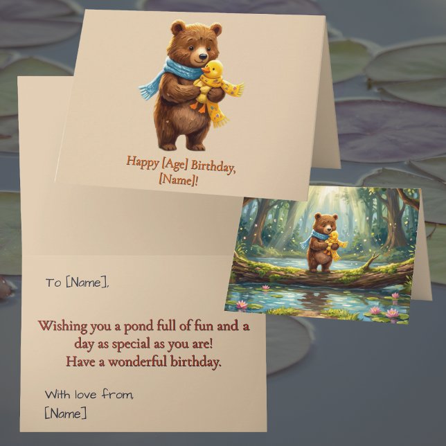 Whimsical Bear & Duckling Barnkalas Kort (Whimsical woodland forest stream pond bear & duckling illustration Birthday card for toddlers & kids)