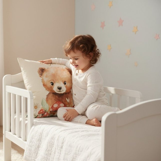 Whimsical Bear Mushroom Watercolor Childrens Room  Kudde (Skapare uppladdad)