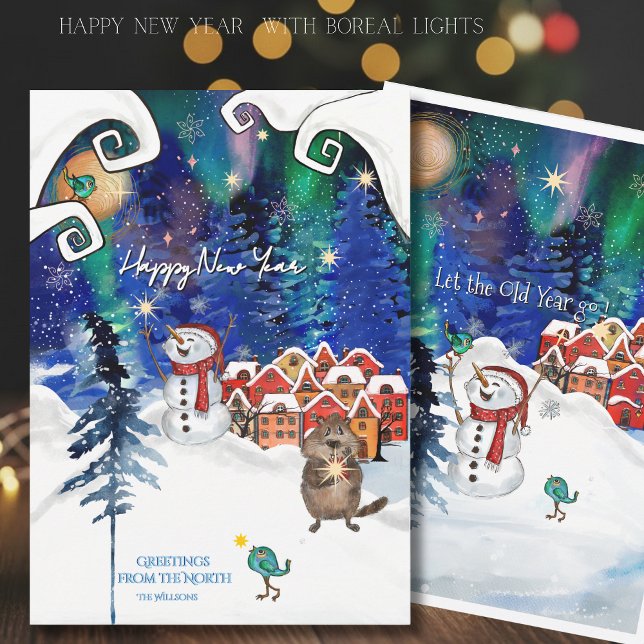 Whimsical Beaver and Snowman Northern Light Julkort (Whimsical Beaver and Snowman Northern Light Holiday Card)