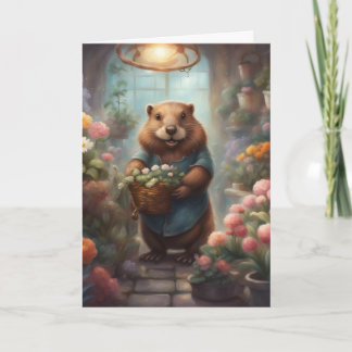 Whimsical Beaver Blomsterbutik Födelsedagsgratulat Kort
