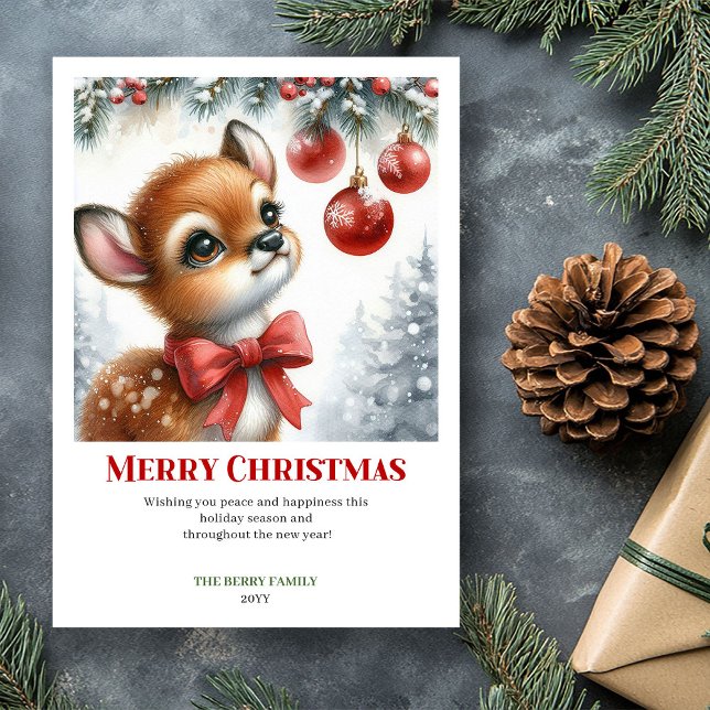 Whimsical Bebis Dov Snöig Skog Vattenfärg Jul Julkort (Whimsical Baby Fawn Snowy Forest Watercolor Christmas Card

)