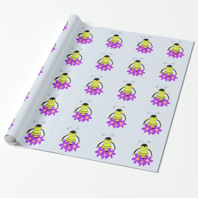 Whimsical Bee Med Ljusnande Blommor Presentpapper (Utrullad)