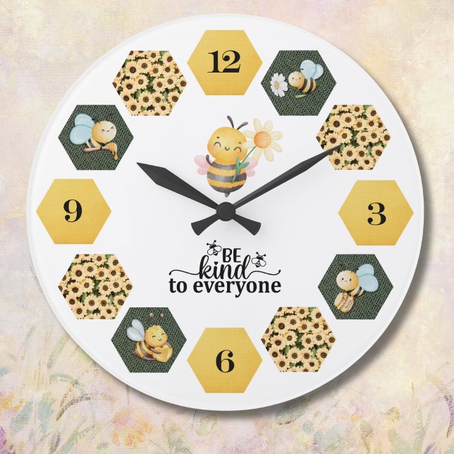 Whimsical Bee Sunflower and Honeycomb Stor Klocka (Bring a touch of charm and kindness to your home with a bee-themed wall clock)