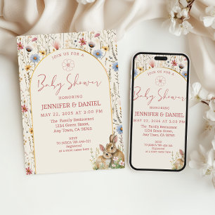 Whimsical Beige Vilda Blommor Kanin Baby Shower Inbjudningar