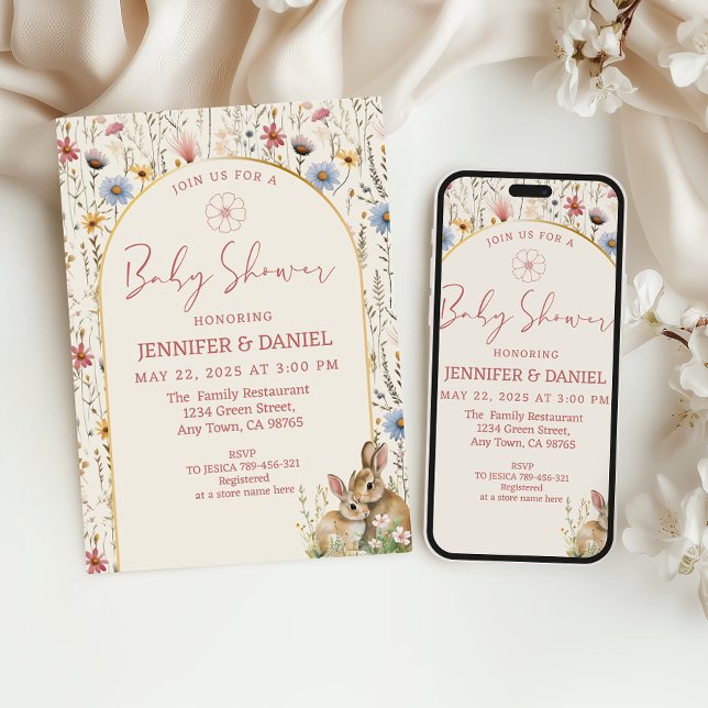Whimsical Beige Vilda Blommor Kanin Baby Shower  Inbjudningar (Skapare uppladdad)