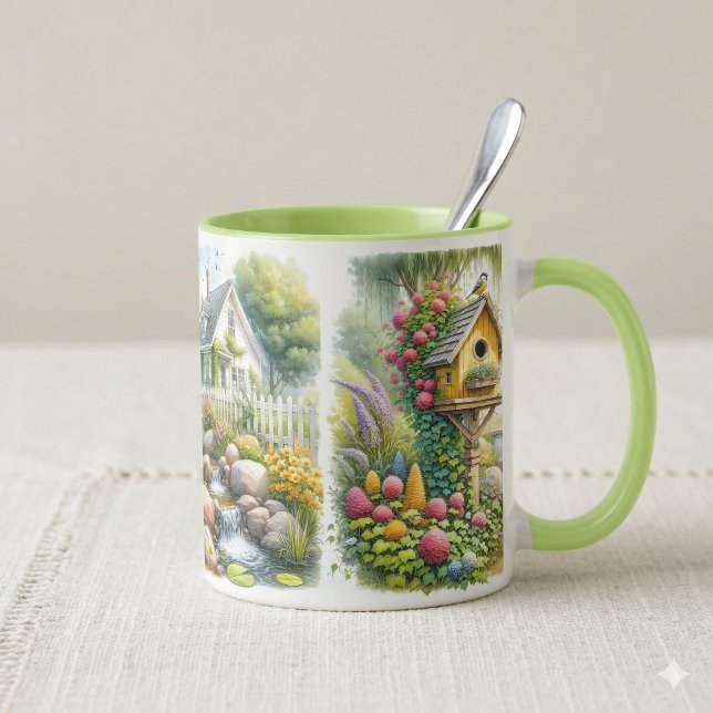 Whimsical betyder "nyckfull" eller "infallslös" på mugg (Whimsical Cottage Garden Birdhouse Stream Mug
)