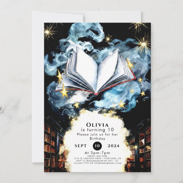 Whimsical Bibliotek Magic Storybook Birthday Inbjudningar (Framsida)