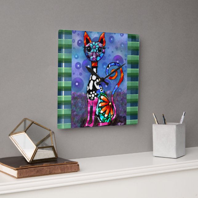 Whimsical Big-Eyed Funky Abstract Kitty Cat Fyrkantig Klocka (Kontor)