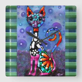 Whimsical Big-Eyed Funky Abstract Kitty Cat Fyrkantig Klocka