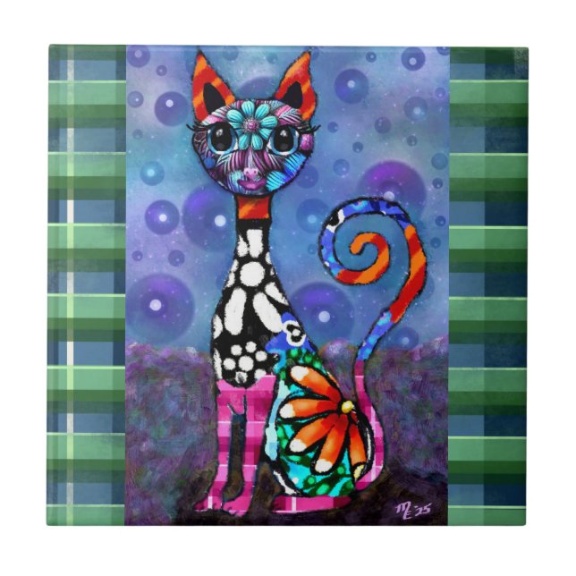 Whimsical Big-Eyed Funky Abstract Kitty Cat Kakelplatta (Framsidan)