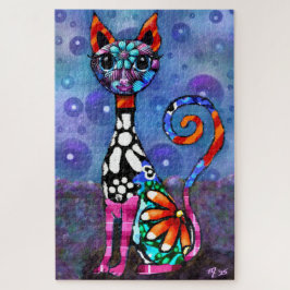 Whimsical Big-Eyed Funky Abstract Kitty Cat Pussel
