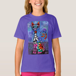Whimsical Big-Eyed Funky Abstract Kitty Cat T Shirt