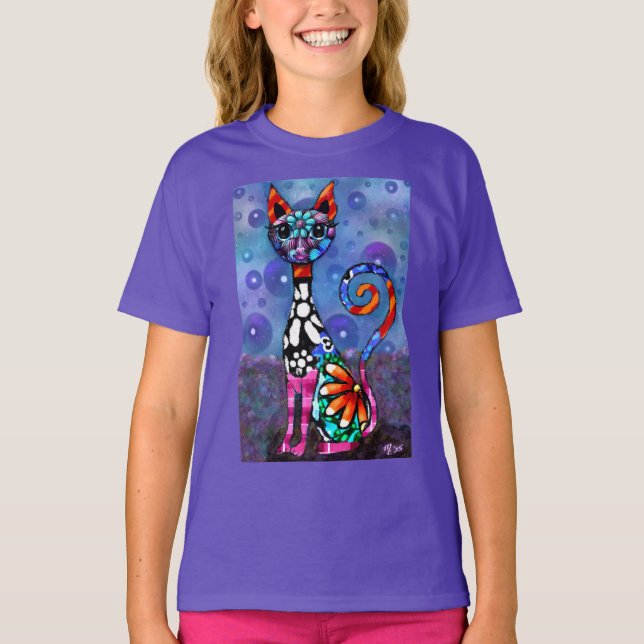Whimsical Big-Eyed Funky Abstract Kitty Cat T Shirt (Framsida)