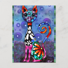 Whimsical Big-Eyed Funky Abstract Kitty Cat Vykort