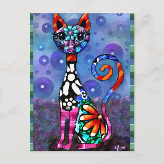 Whimsical Big-Eyed Funky Abstract Kitty Cat Vykort (Framsida)