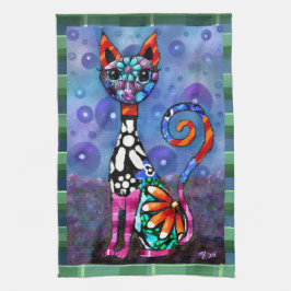 Whimsical Big-Eyed Funky Kitty Cat Abstract Kökshandduk