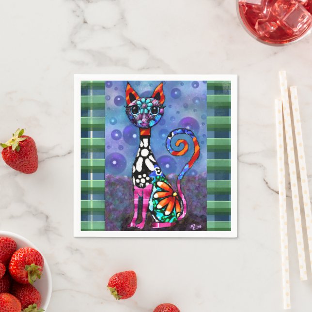 Whimsical Big-Eyed Funky Kitty Cat Abstract Pappersservett (Insitu)