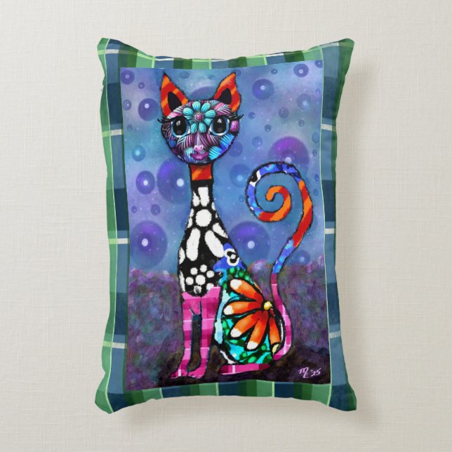 Whimsical Big-Eyed Funky Kitty Cat Abstract Prydnadskudde (Framsidan(Vertikal))