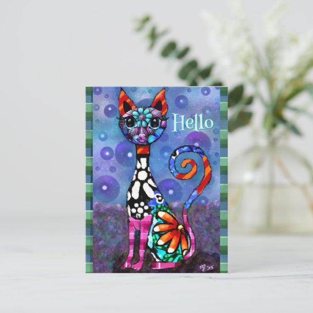 Whimsical Big-Eyed Funky Kitty Cat Personalilzed Vykort (Stående Fram)