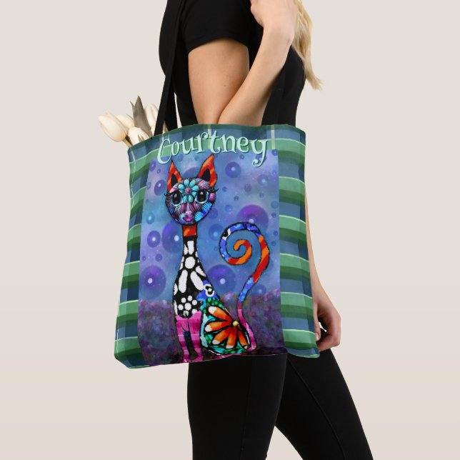 Whimsical Big-Eyed Funky Kitty Cat Personalized Tygkasse (Närbild)