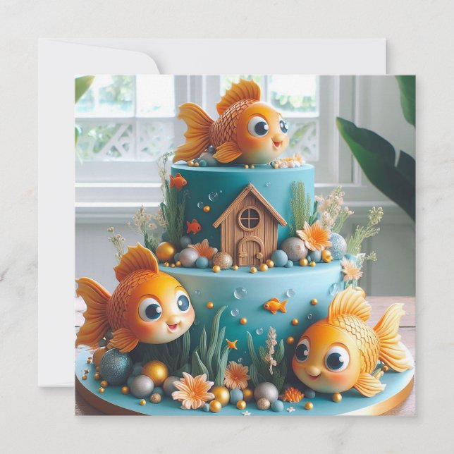 WHIMSICAL BIG EYED GOLDFISH THEMED BIRTHDAY CAKE KORT (Framsida)