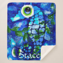 Whimsical Big-Eyes Seahorse Art Blue Personalized