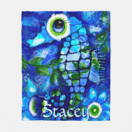 Whimsical Big-Eyes Seahorse Art Blue Personalized Fleecefilt