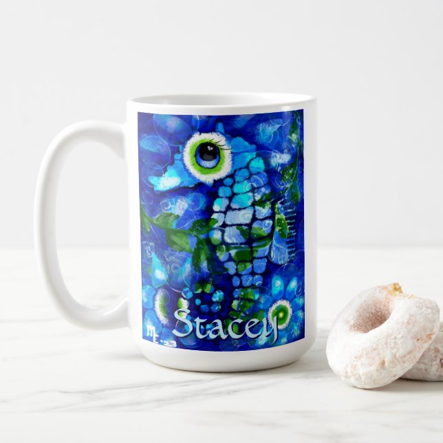 Whimsical Big-Eyes Seahorse Art Blue Personalized Kaffemugg (Med munk)