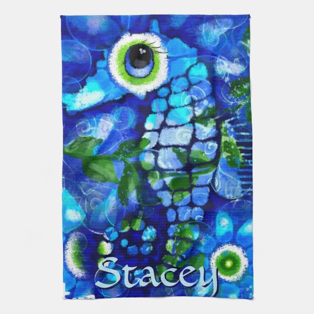 Whimsical Big-Eyes Seahorse Art Blue Personalized Kökshandduk (Vertikal)