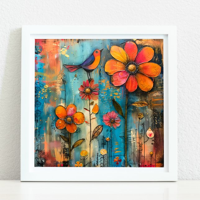 WHIMSICAL BIRD AND BLOMMIGT POSTER (WHIMSICAL BIRD AND FLORAL POSTER)