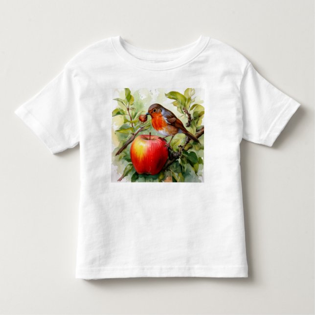 Whimsical Bird & Apple Delight T Shirt (Framsida)