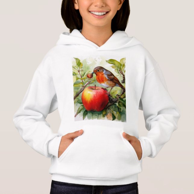  Whimsical Bird & Apple Delight T Shirt (Framsida)