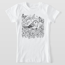 Whimsical Bird & Butterfly Blommig Linje Konst T Shirt