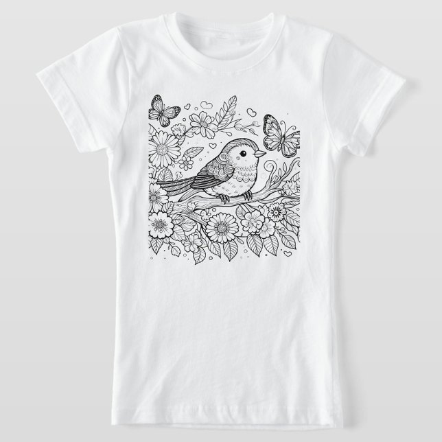 Whimsical Bird & Butterfly Blommig Linje Konst T Shirt ("A sweet, nature inspired line art tee featuring a perched bird")