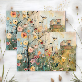 WHIMSICAL BIRD IN VÅR MEADOW DECOUPAGE