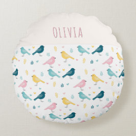Whimsical Bird Pattern Personalized Pink & Teal Rund Kudde
