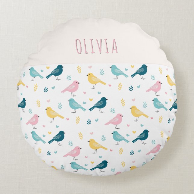 Whimsical Bird Pattern Personalized Pink & Teal Rund Kudde (Framsidan)