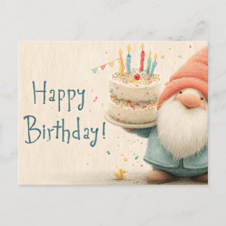 Whimsical Birthday Greeting: Gnome Holding a Cake Vykort