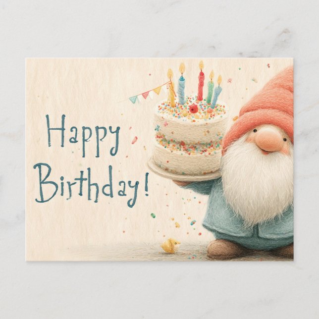 Whimsical Birthday Greeting: Gnome Holding a Cake Vykort (Framsida)