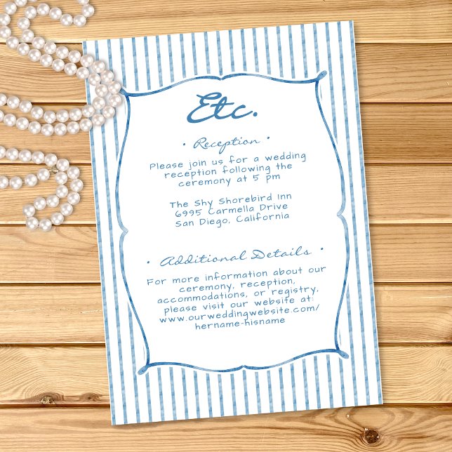 Whimsical Blå Akvarell Bow Stripe Bröllop Tilläggskort (Whimsical Blue Watercolor Bow Stripe Wedding Enclosure Card)