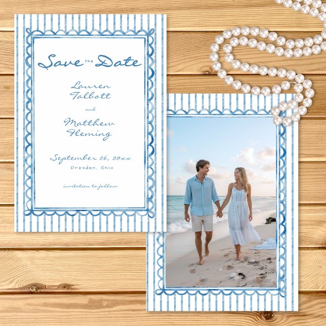Whimsical Blå Akvarell Rand Foto Bröllop Spara Datumet (Whimsical Blue Watercolor Stripe Photo Wedding Save The Date)