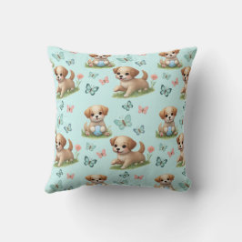 Whimsical Blå Akvarell Valpar och Fjärilar Kudde