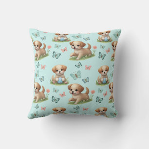 Whimsical Blå Akvarell Valpar och Fjärilar Kudde