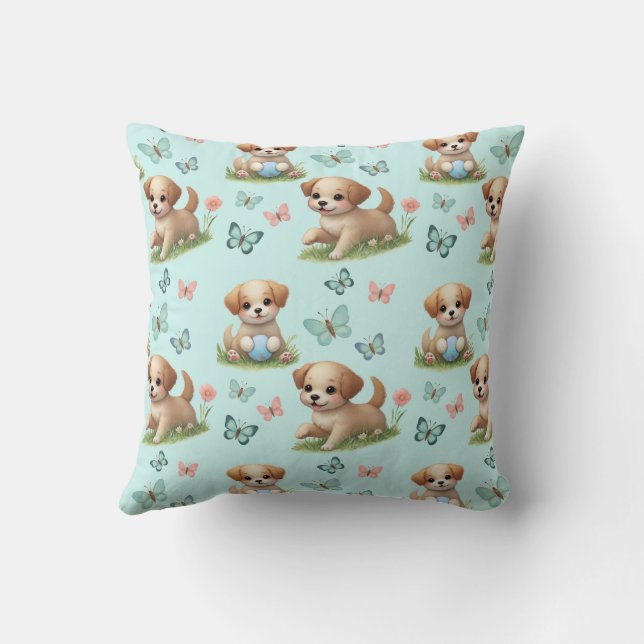 Whimsical Blå Akvarell Valpar och Fjärilar Kudde (Baksida)