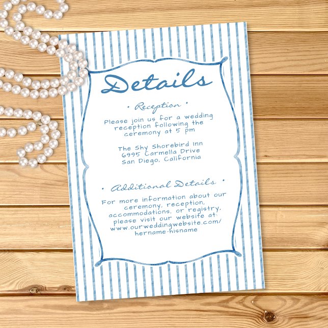 Whimsical Blå Akvarellbåge Rand Bröllop Tilläggskort (Whimsical Blue Watercolor Bow Stripe Wedding Enclosure Card)