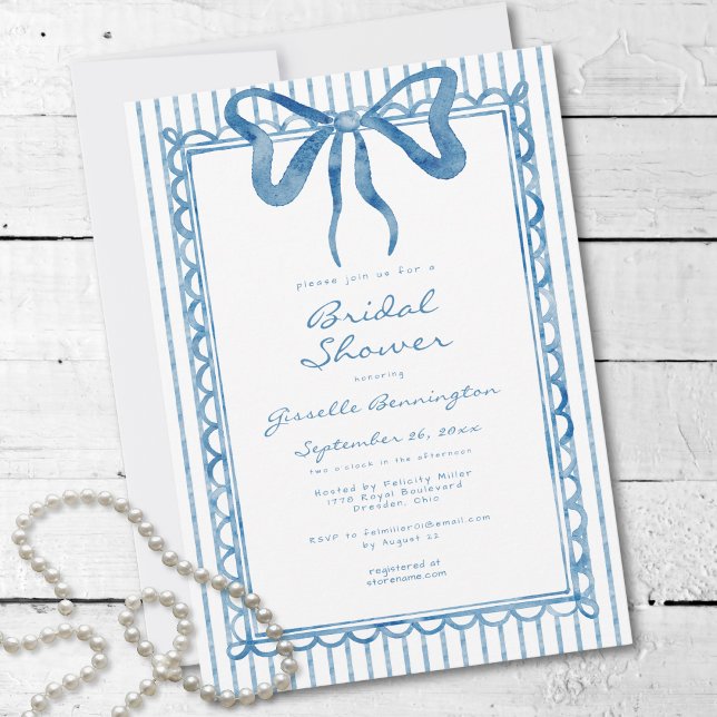 Whimsical Blå Akvarellbåge Rand Bröllopsdusch Inbjudningar (Whimsical Blue Watercolor Bow Stripe Bridal Shower Invitation)