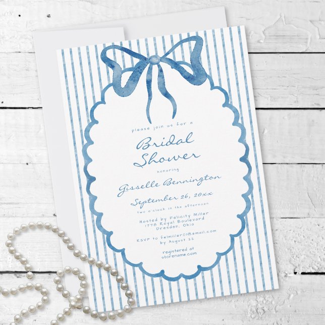 Whimsical Blå Akvarellbåge Rand Bröllopsdusch Inbjudningar (Whimsical Blue Watercolor Bow Stripe Bridal Shower Invitation)