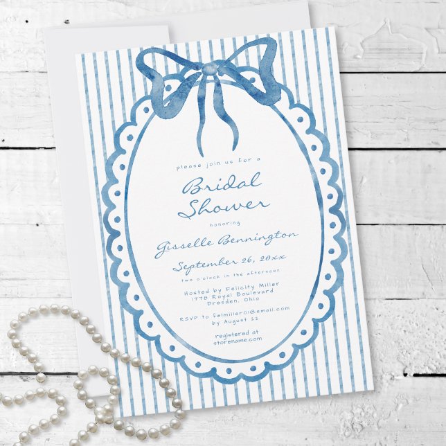 Whimsical Blå Akvarellbåge Rand Bröllopsdusch Inbjudningar (Whimsical Blue Watercolor Bow Stripe Bridal Shower Invitation)