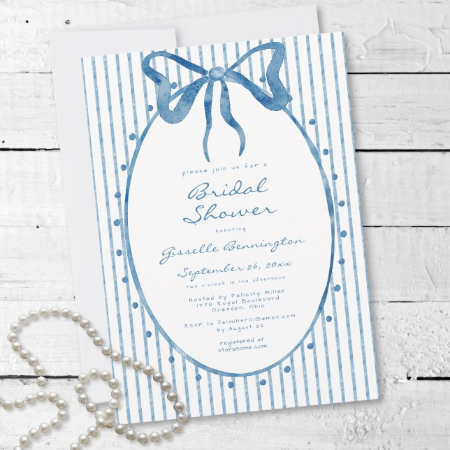 Whimsical Blå Akvarellbåge Rand Bröllopsfest Inbjudningar (Whimsical Blue Watercolor Bow Stripe Bridal Shower Invitation)